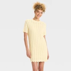A New Day knit crochet Cream sweater dress short sleeve mini women’s medium NWT